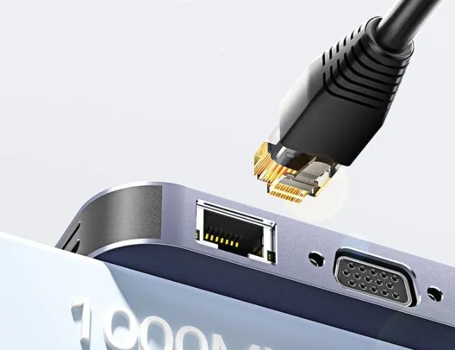 11-in-1 USB-C expansion hub with Gigabit Ethernet port and integrated cable separator.