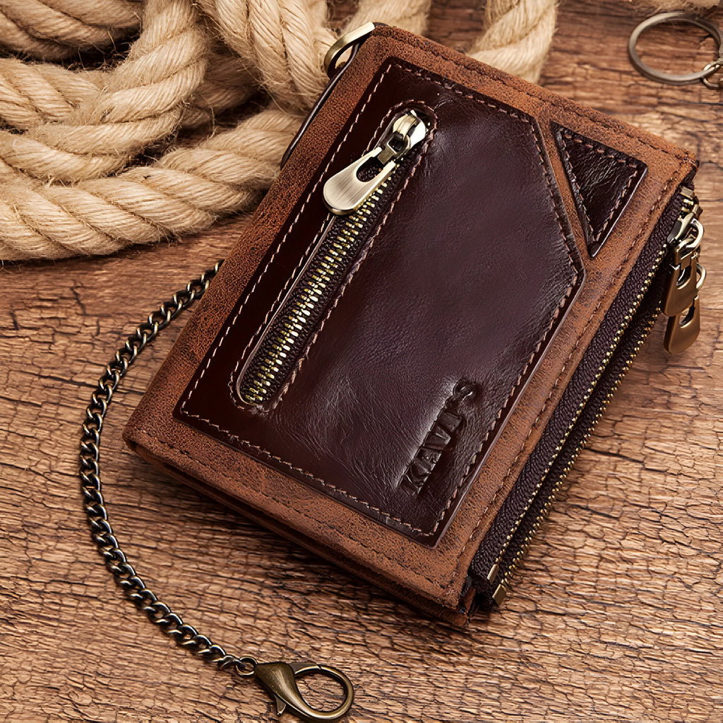 Dark brown men's genuine leather wallet with chain detail and RFID anti-theft protection.