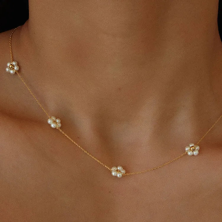 Gold plated pearl flower necklace with alloy chain, 40cm length and 5cm extension chain for women