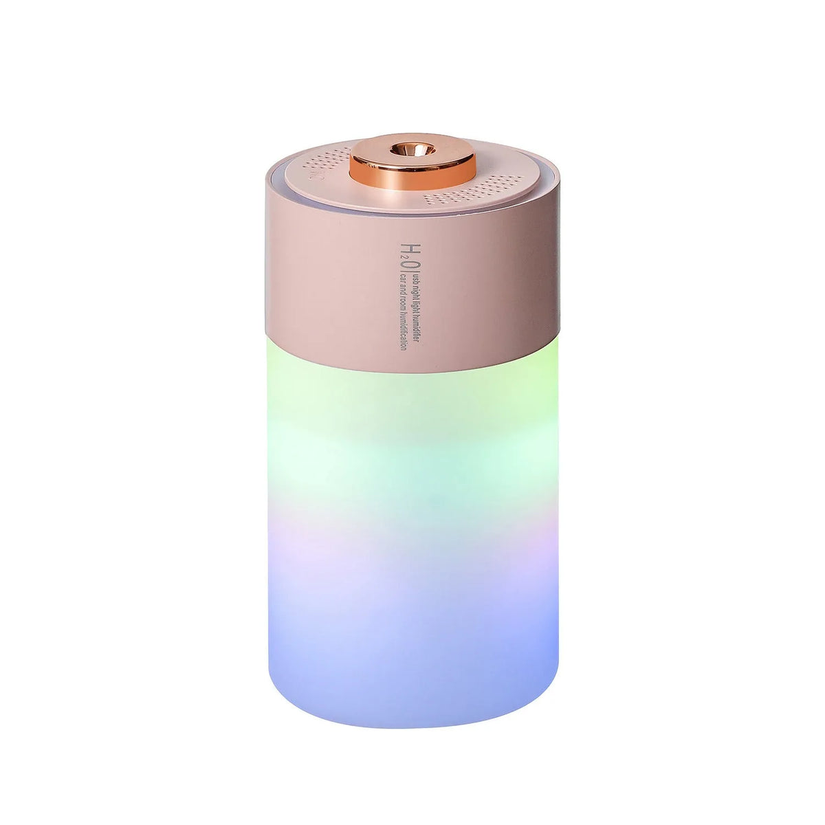 Homehold colourful USB humidifier in white or pink, plastic column shape, 7.5 x 7.5 x 14.8cm, under 36dB