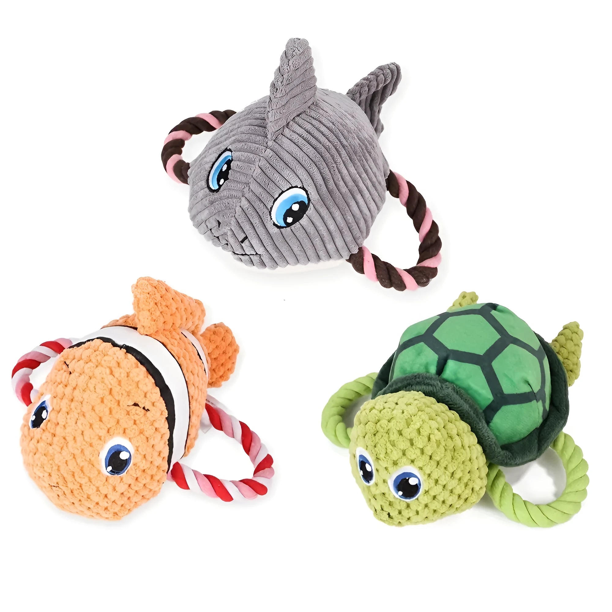 Grey, green, and orange turtle-shaped plush dog toy with knot details and squeaker.