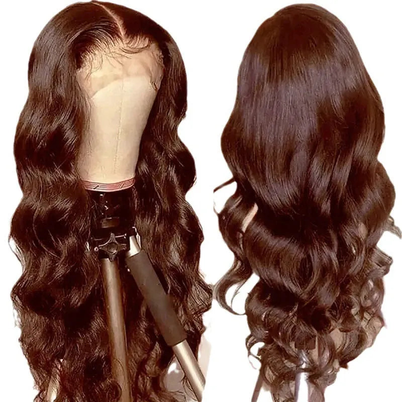 Dark brown long curly front lace synthetic wig with side bangs on a mannequin head.