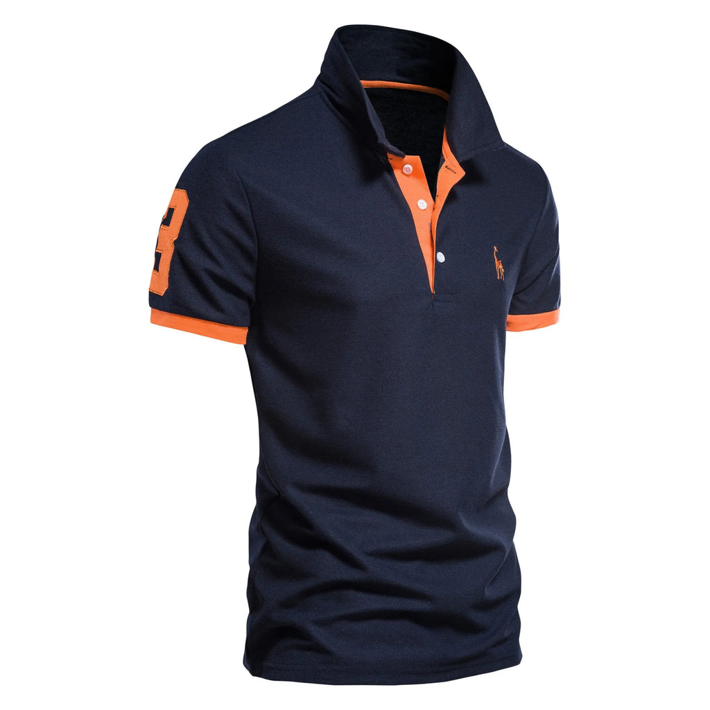 Men's slim fit deer embroidered short sleeve t-shirt on a white background.