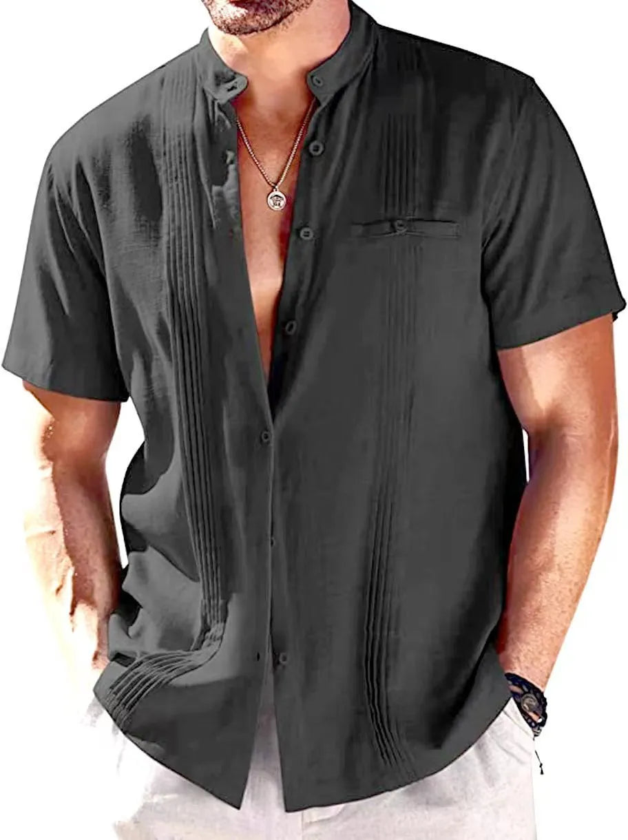 Men's short-sleeved casual shirt top in khaki cotton with fold craft sleeves, front view