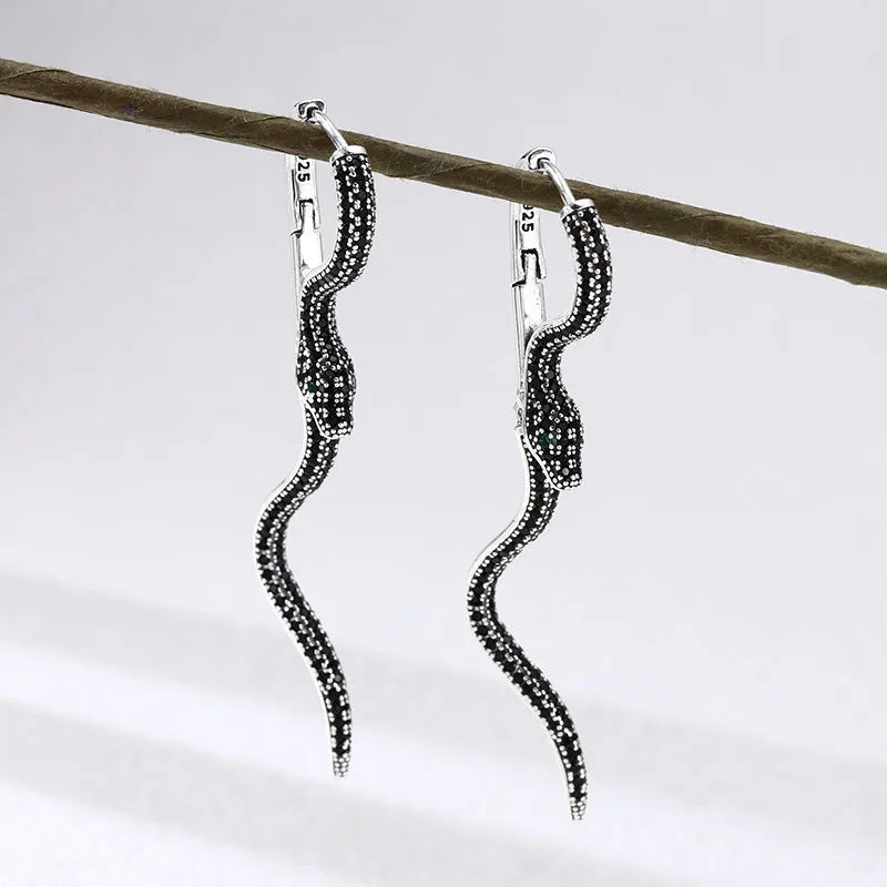 Snake earrings with inlaid zircon on copper, Black Diamond colour, retro Korean style, one pair