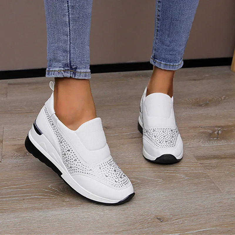 Rhinestone wedge flats for women with inner height increase, round toe, PU upper, black colour, side view