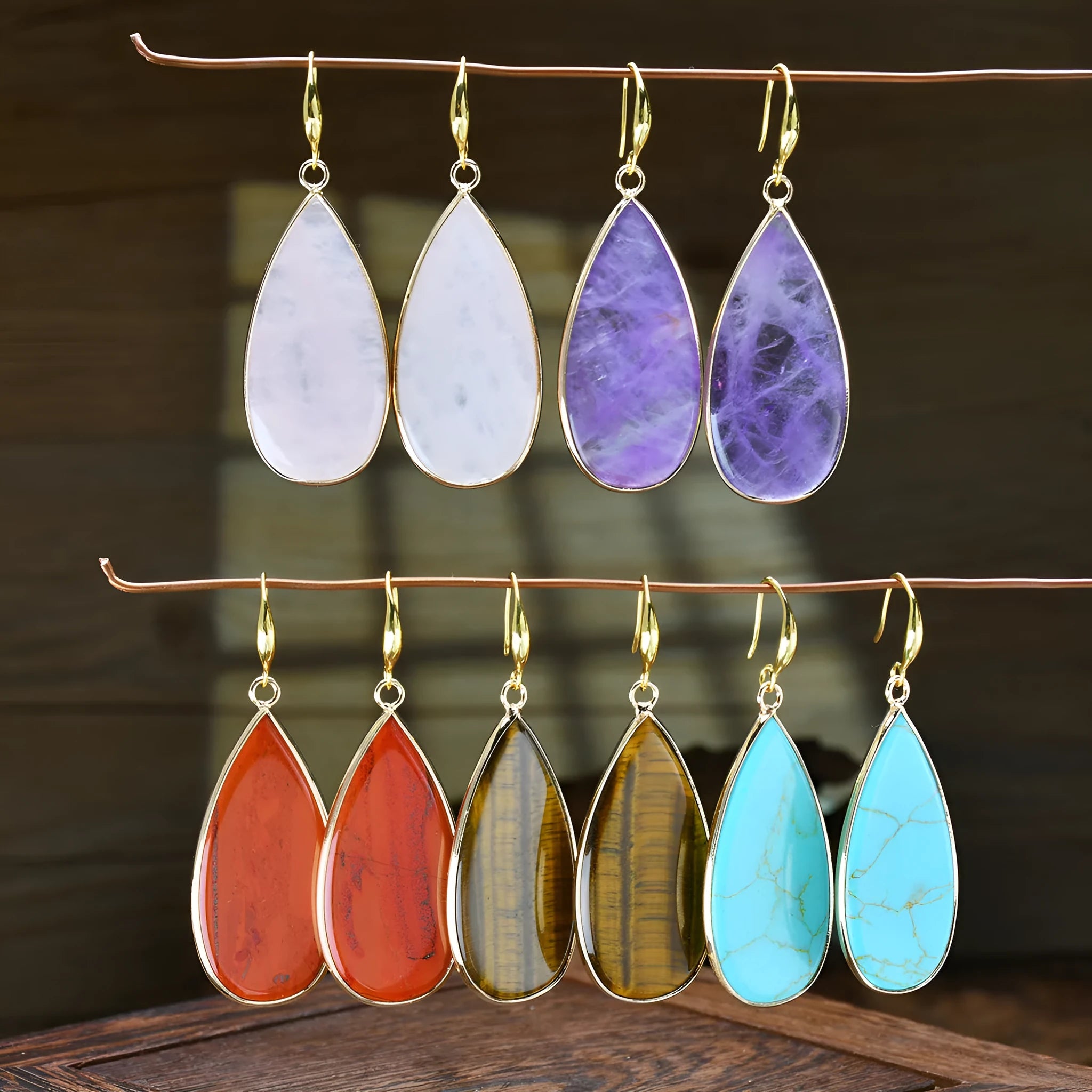 Vintage long water drop stone earrings in Tigereye, amethyst, pink crystal, Redstone and turquoise colours