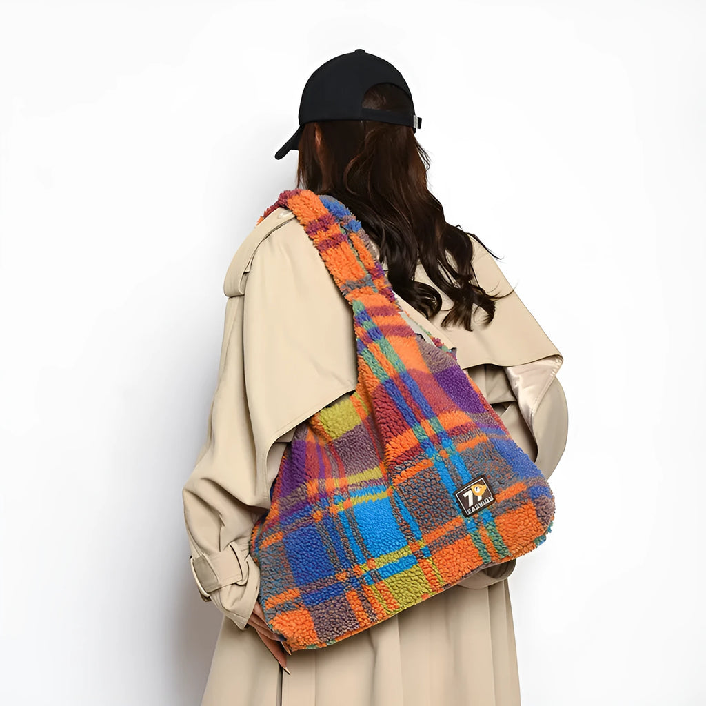 Women's plush plaid crossbody tote bag in Army Green colour showing 40x44x9cm dimensions and internal zipper pocket