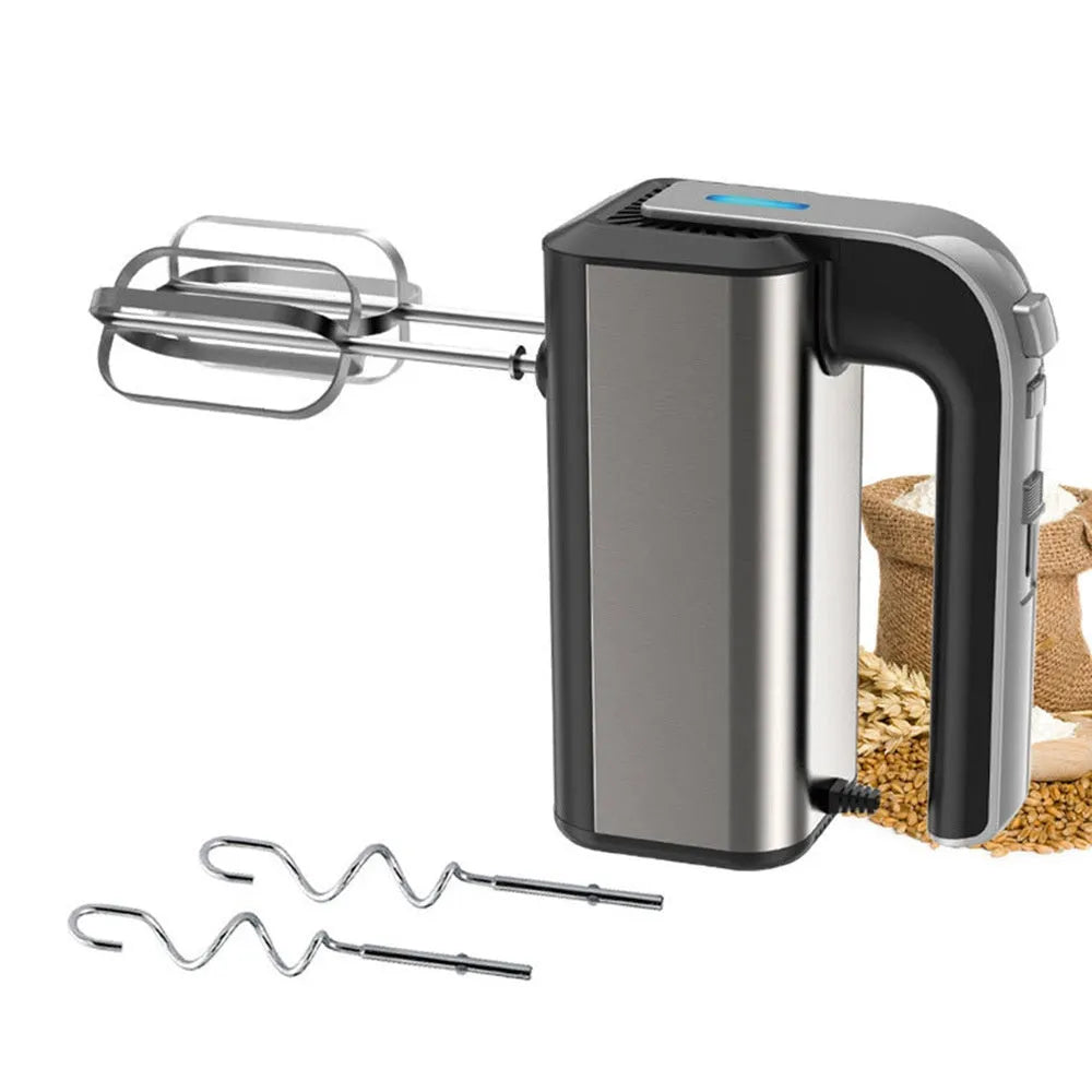 Silver handheld electric kitchen whisk with beaters on a countertop