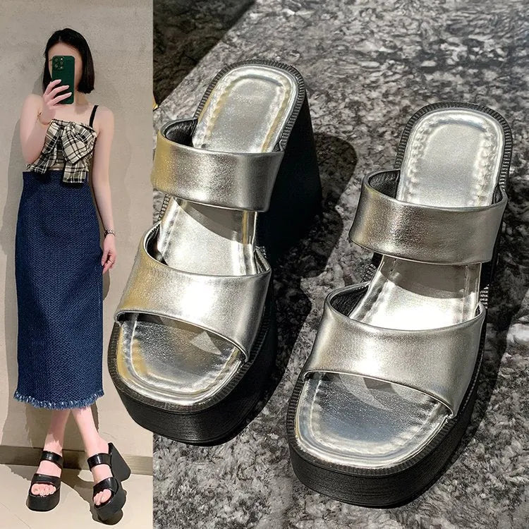 Women's black wedge platform high heel slippers with a square toe design