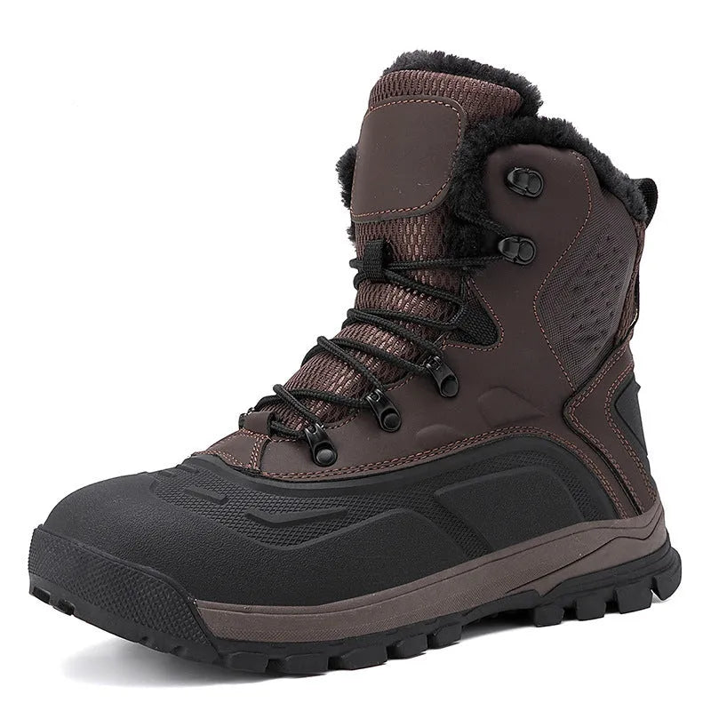 Men's black fleece-lined high-top lace-up boots on a ribbed TPR sole, showing tall crown design.