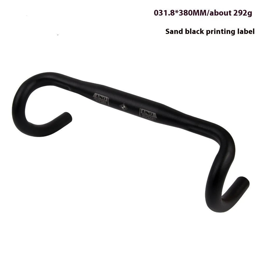 Black aluminium alloy road bike drop handlebar showing bend profile and UNO printing marks.
