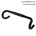 Black aluminium alloy road bike drop handlebar showing bend profile and UNO printing marks.
