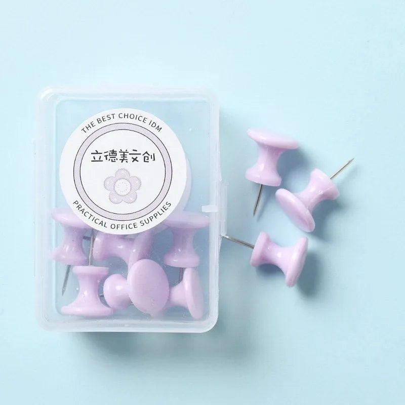 Macaron colour plastic push pins in cherry blossom pink, mint green, and lavender with large and small sizes