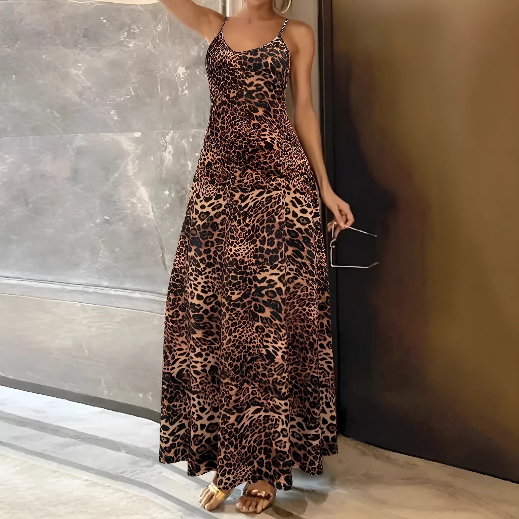 Dark brown leopard print dress with sleeveless round neck and shoulder straps