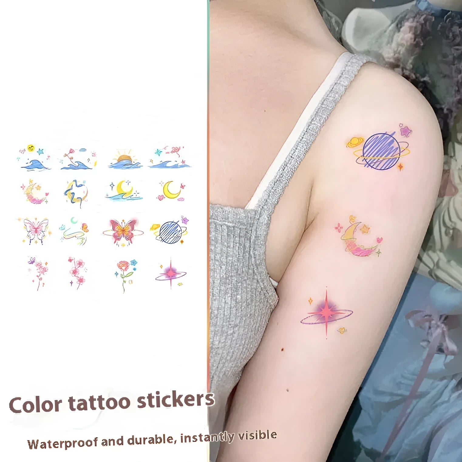 Butterfly moon colour shoulder clavicle tattoo sticker water transfer printing Chinese style geometric design