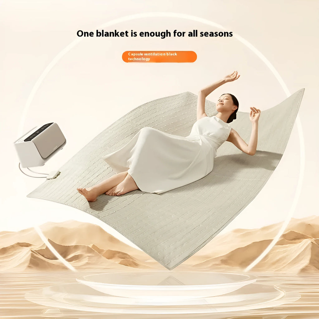 Aideng electric water blanket with smart host controller in two size options on a bed.