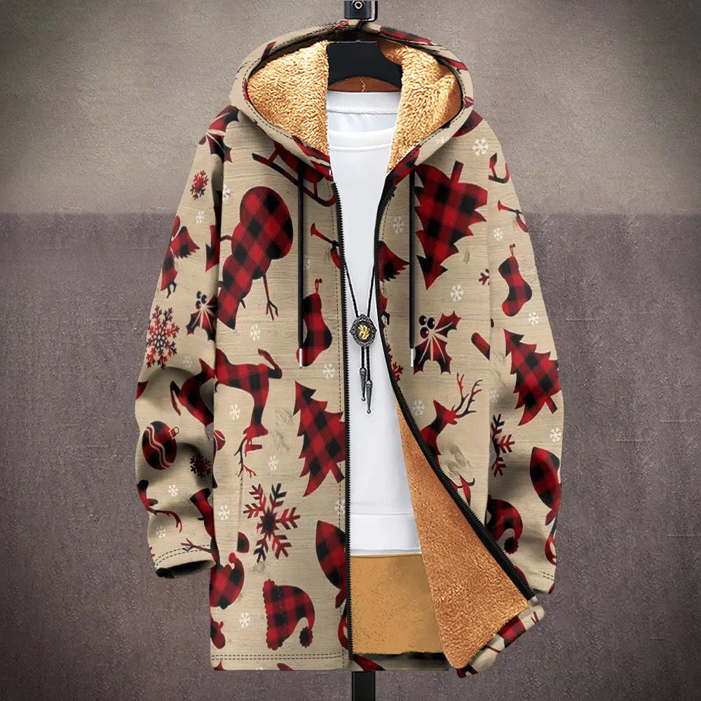 Man wearing a loose fit multicolour printed zip-up hooded cardigan in a casual setting