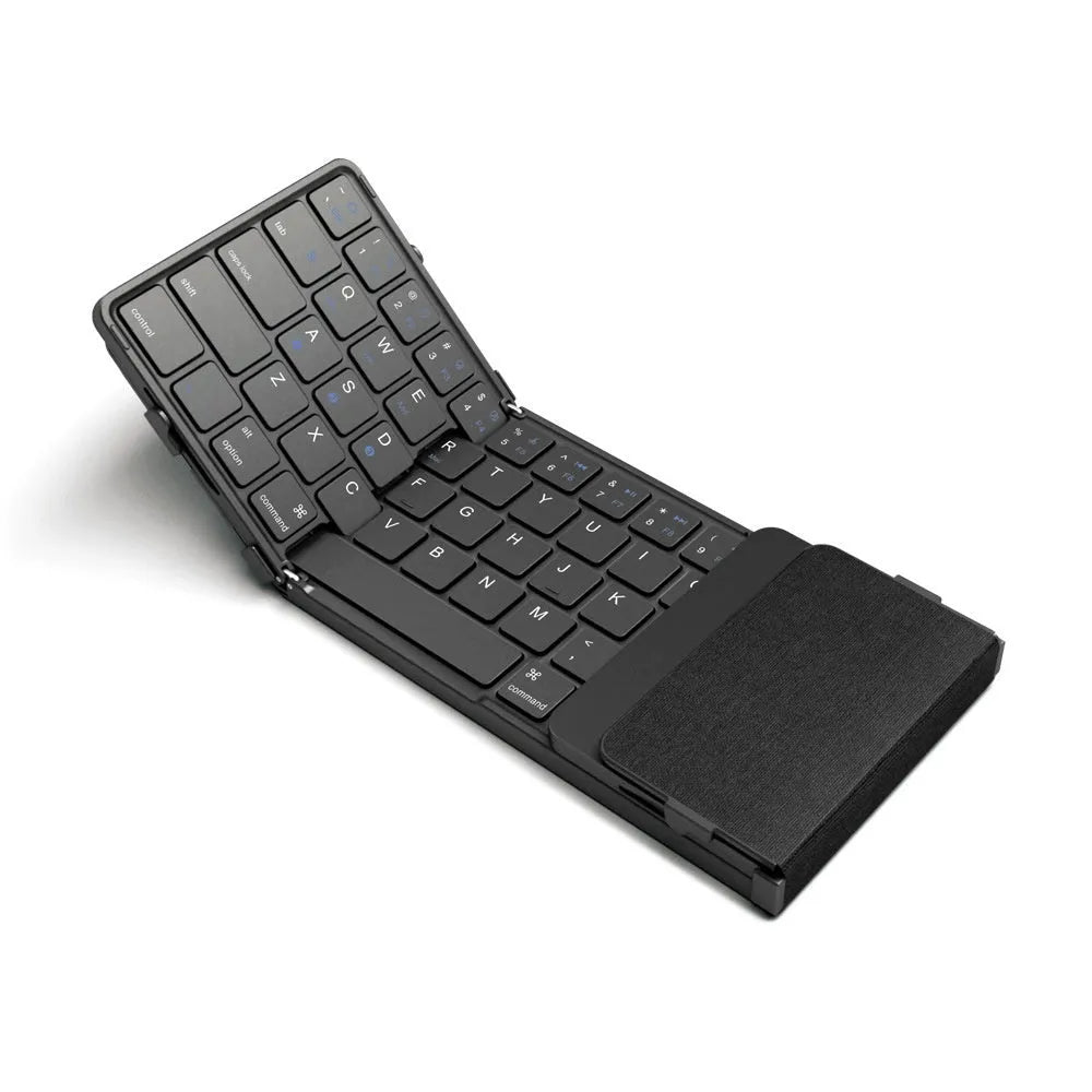Black folding Bluetooth keyboard for tablets with silent membrane keys showing touchpad variant