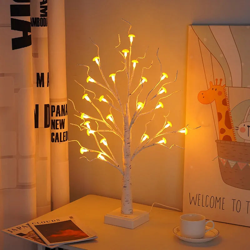60cm tall mushroom tree LED lamp with birch design and 24 detachable flowers showing warm white illumination