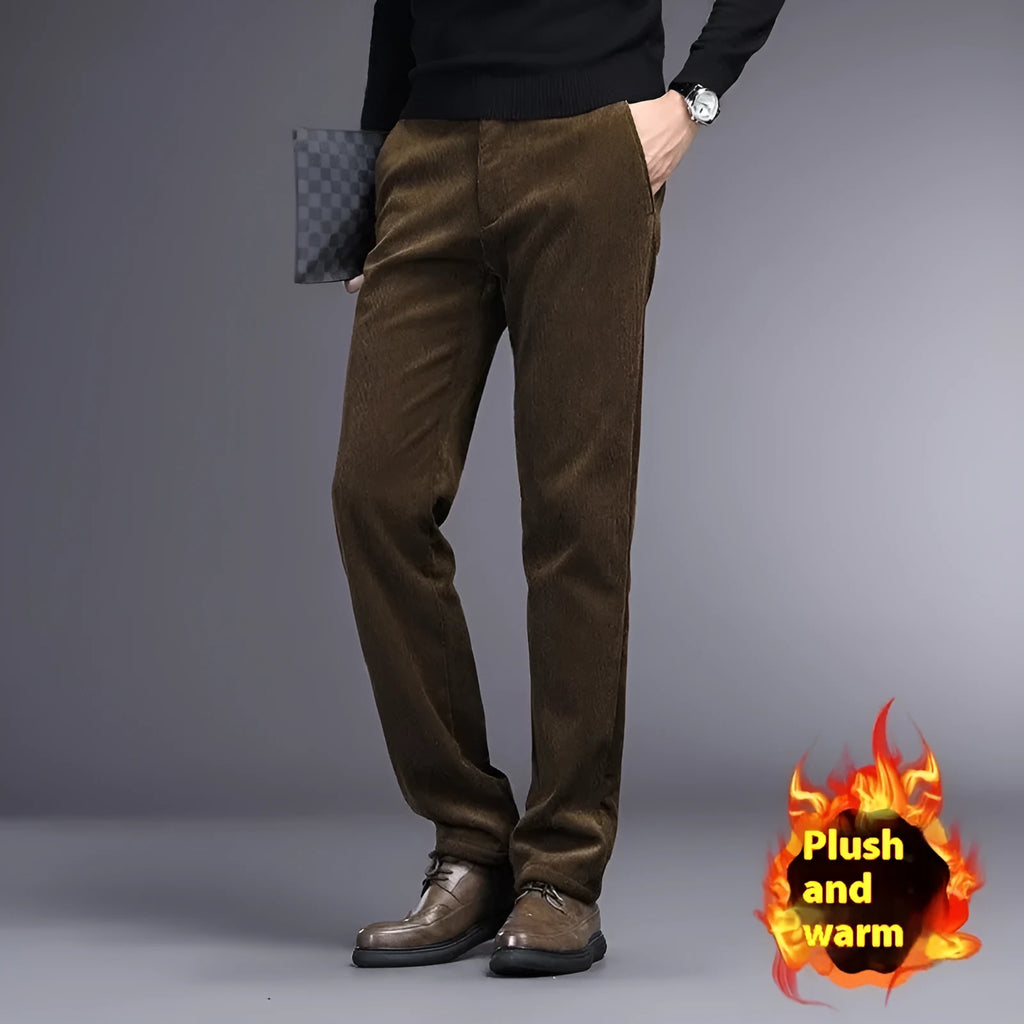Retro-style men's straight-leg striped trousers in a chemical fibre blend fabric.