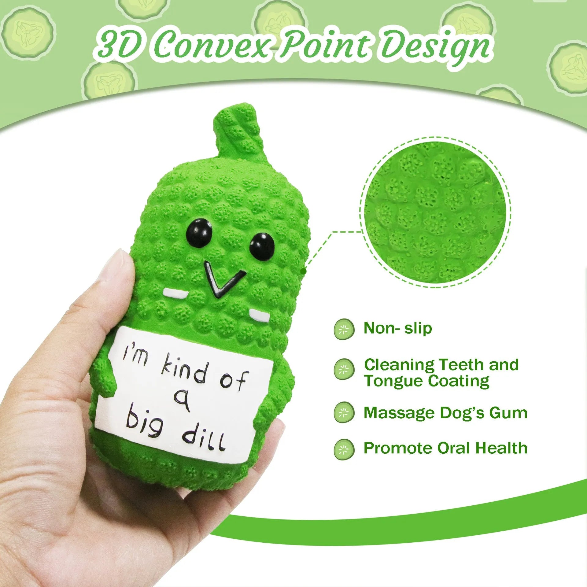 Green pickle-shaped latex dog chew toy with textured surface and squeaker for teething puppies