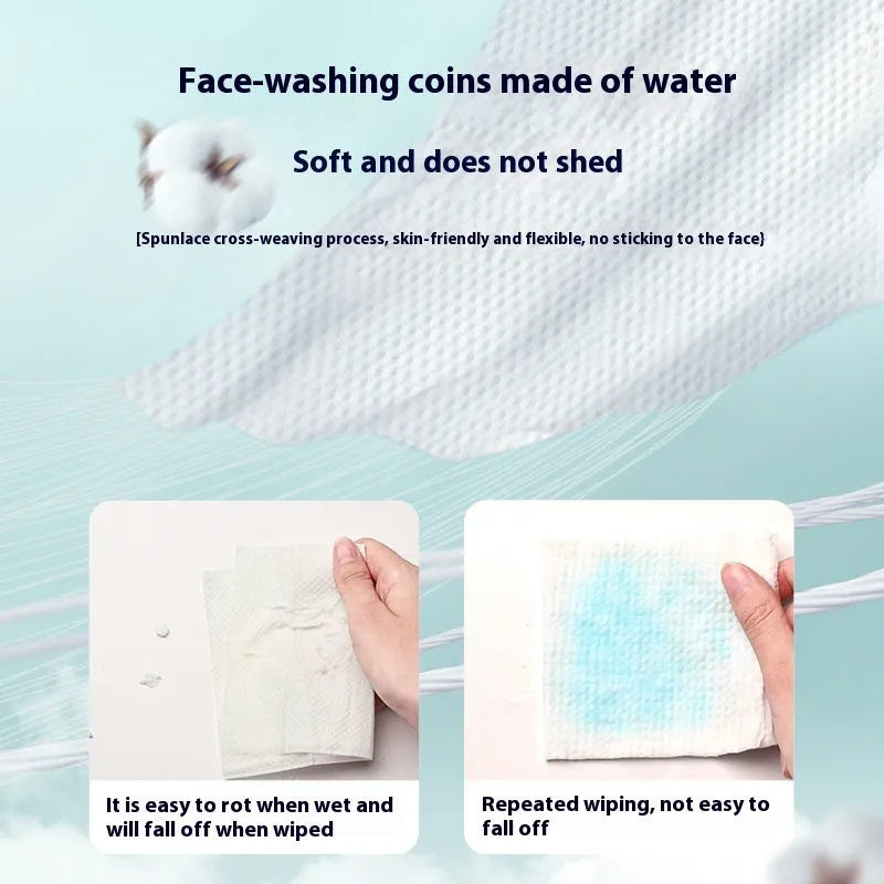 Disposable hanging roll of 100 soft face cloths made from viscose and polyester blend.