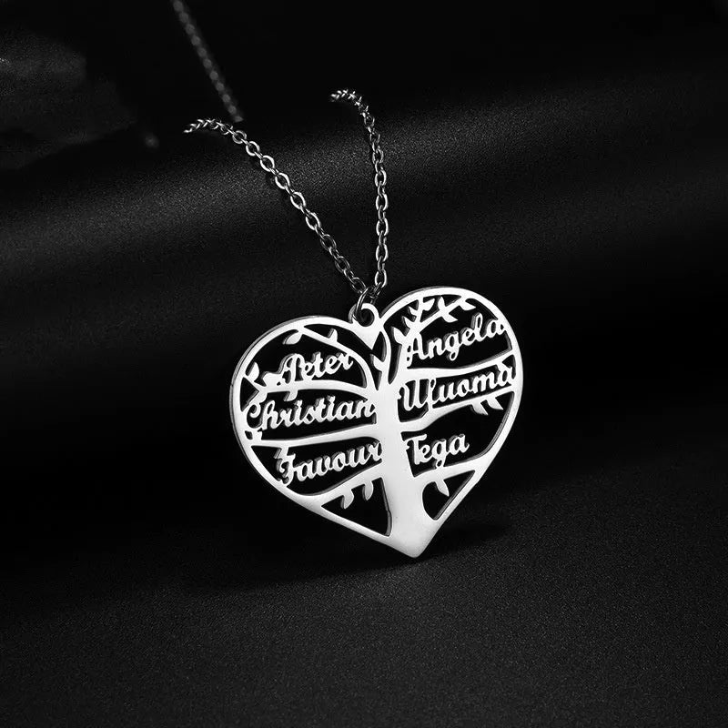 Personalised stainless steel necklace with hollow heart and tree pendant, showing silver, gold, and rose gold colour options.