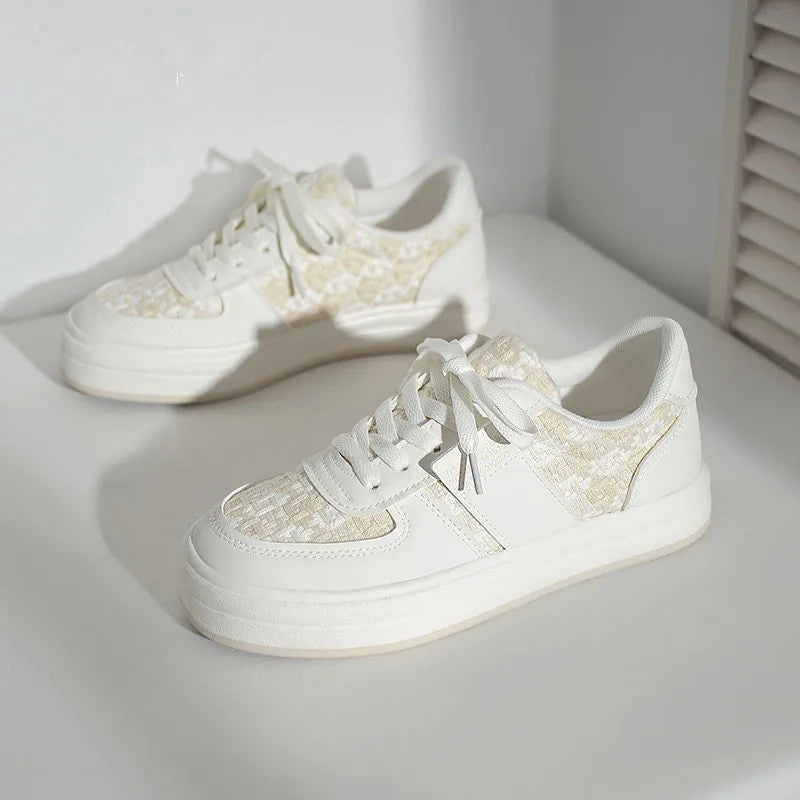 Beige plaid platform leisure sports board shoes with round toe and rubber sole