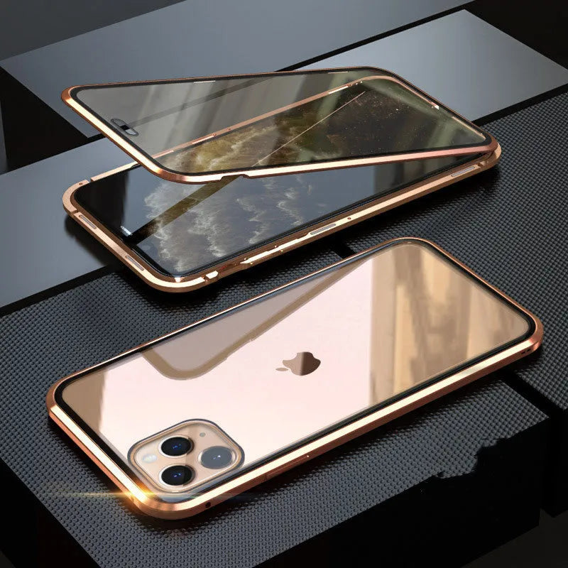 Anti-spy privacy phone case in black with a glass screen guard, shown next to an iPhone.
