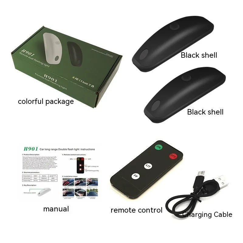 Black remote-controlled car strobe light with charging cable on a white background.