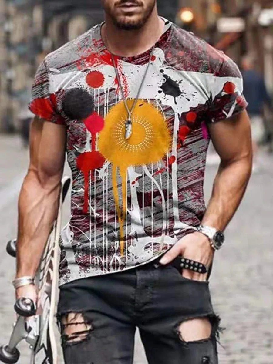 Men's camouflage print short-sleeved t-shirt in milk silk polyester, loose fit pullover style