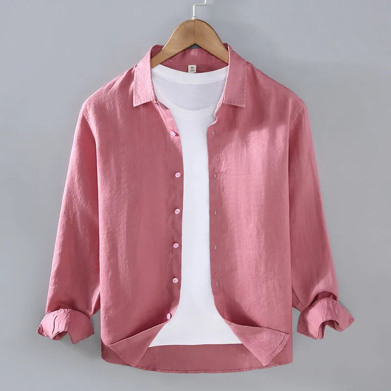 Pure linen men's cardigan-style shirt in one of nine solid colours with long sleeves and simple design