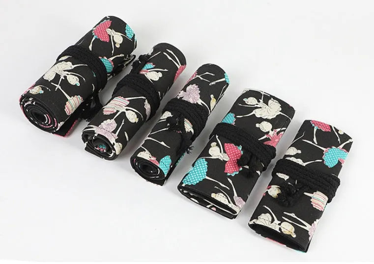Canvas rolling pencil case with ballet girl print showing multiple pencil storage holes
