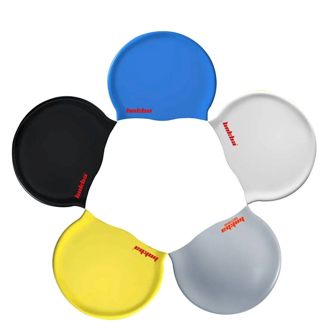 Silicone swimming cap with letter pattern in five colour options for waterproof swimming protection.