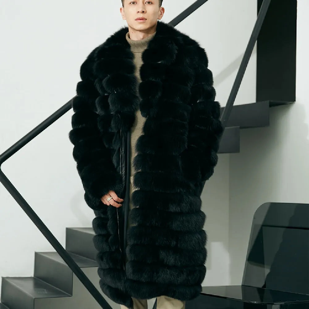 Men's real fur long fur coat in dark black with regular sleeves and pockets, winter commuting style, sizes M to 3XL