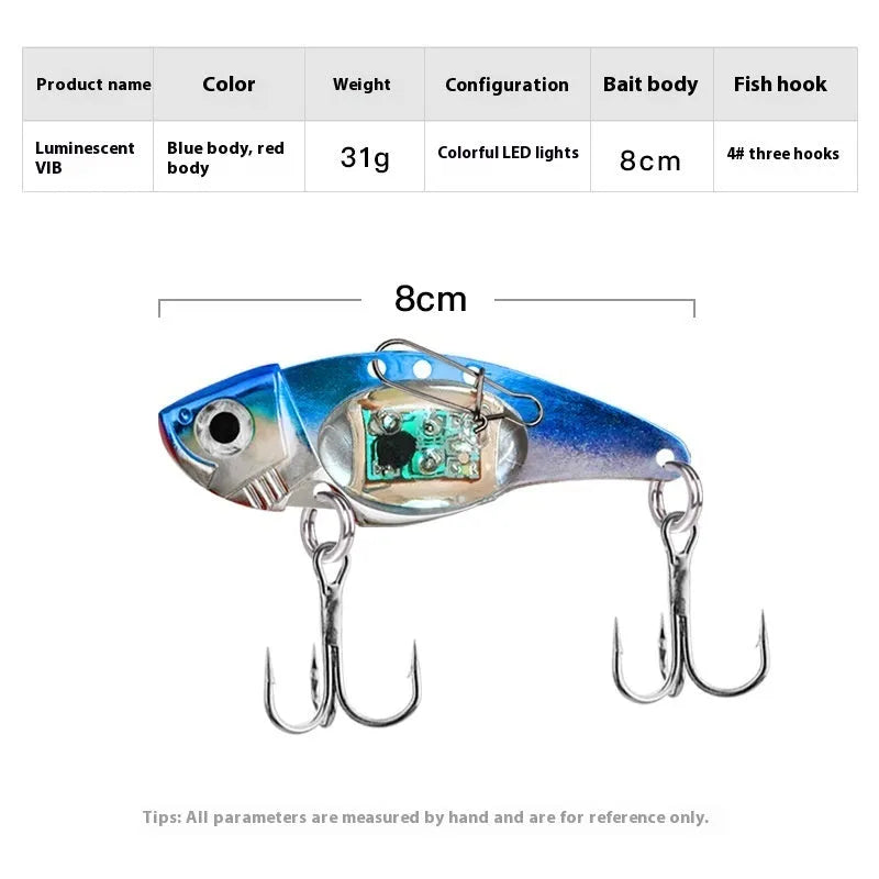 Luminous metal vib electronic fishing lure showing blue body and red body colour options