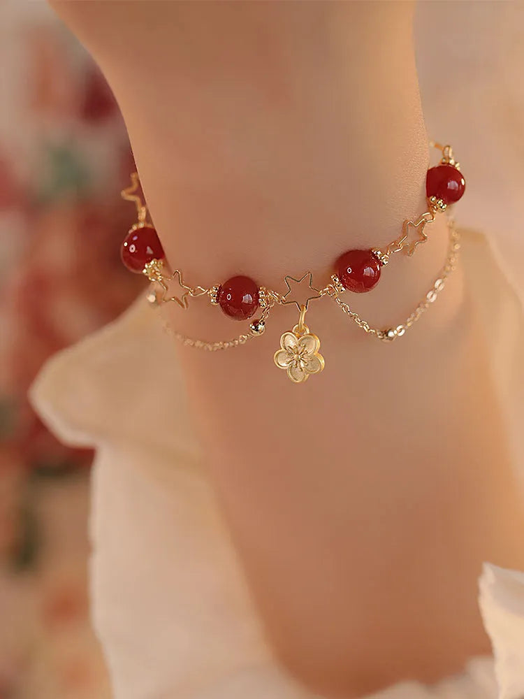 Red agate double layer bracelet with peach blossom motifs for women
