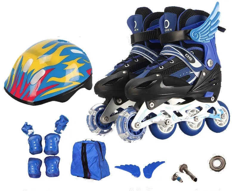 Yellow adjustable children's inline skates with aluminium frame, helmet, and protective gear set on a backpack