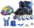 Yellow adjustable children's inline skates with aluminium frame, helmet, and protective gear set on a backpack