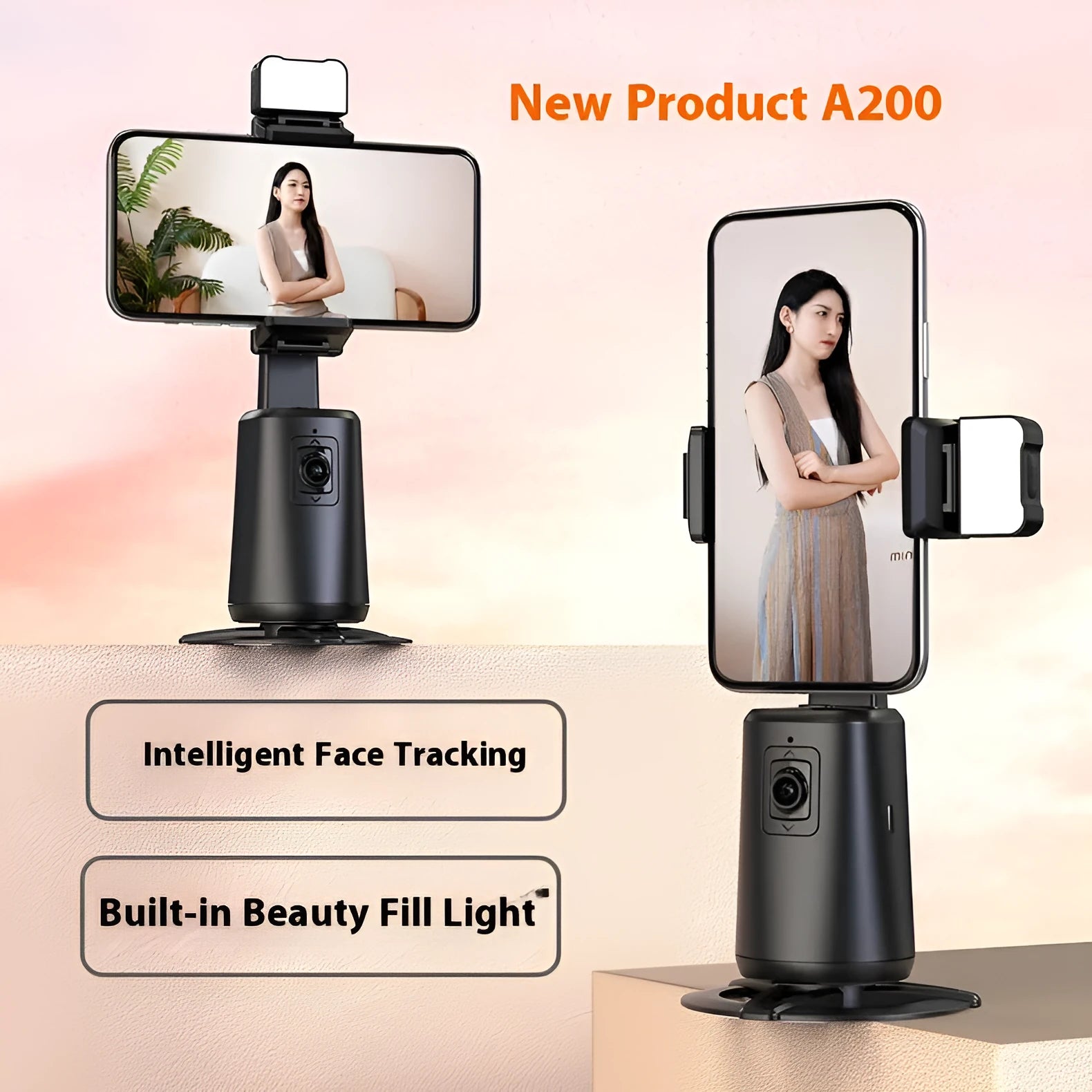 Black desktop phone holder with intelligent face tracking, rotating head and ribbon lights with remote control