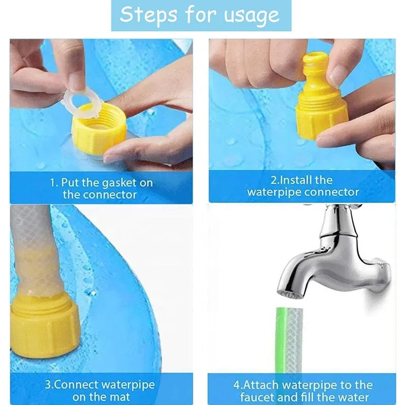 Blue anti-slip dog splash pad mat with sprinkler jets, set up on a garden lawn.