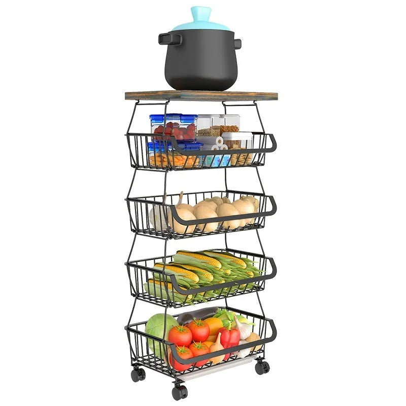 Black six-tier free-standing kitchen storage trolley with foldable metal shelves.