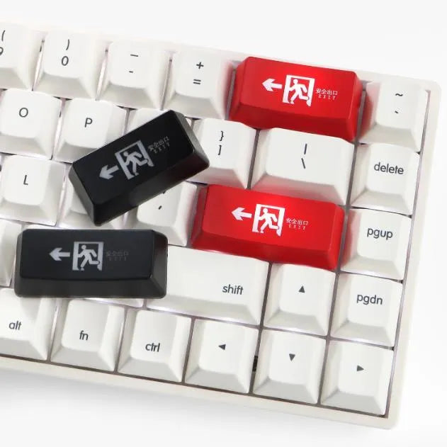 Transparent mechanical keyboard key cap with red evacuation exit symbol for backspace key