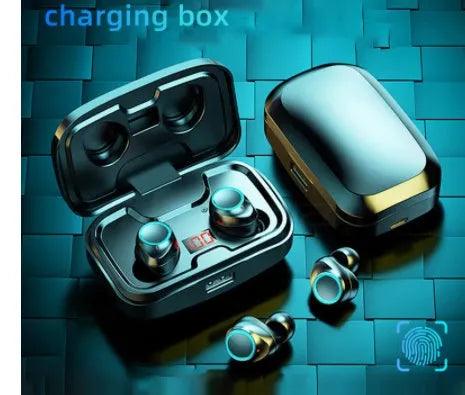 Black, blue, and red Bluetooth gaming earbuds with a plastic charging case
