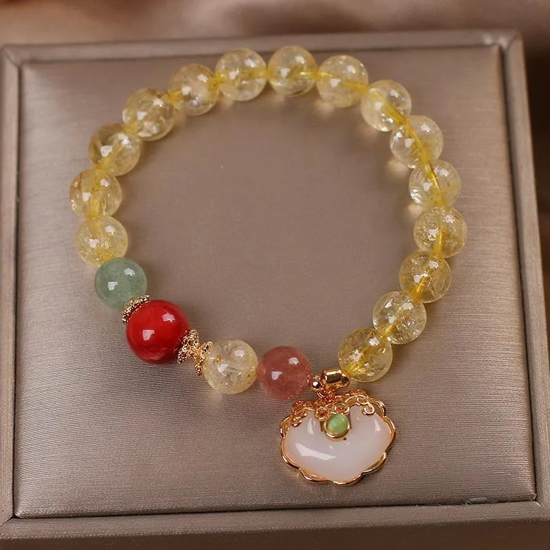 Women's natural citrine jade ruyi pendant bracelet with yellow hair crystal colour on alloy chain