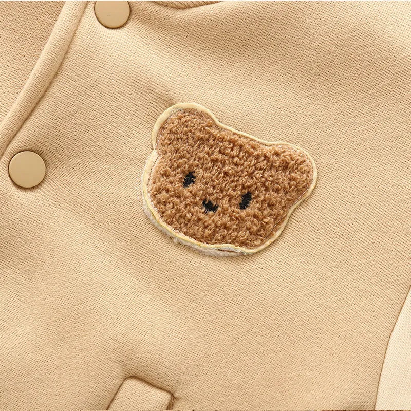 Fleece-lined cotton baseball coat for children, dark coffee colour, front view