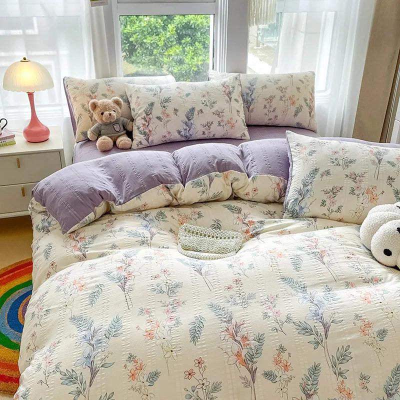Aerobic jacquard cloud yarn chemical fibre bedding set in multiple colours and sizes, including sheet, pillowcases, and quilt cover.
