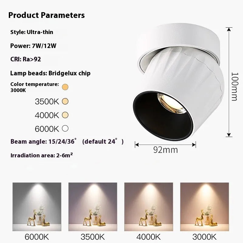 Surface mounted adjustable angle LED ceiling spotlight with black finish and aluminium body for home living room