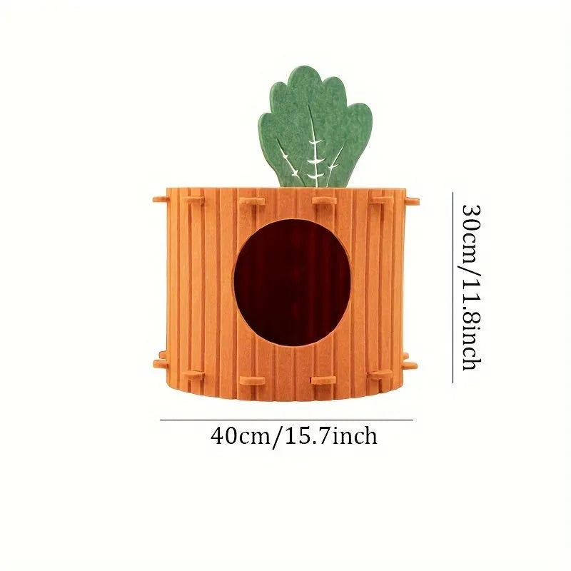 Carrot-shaped grey felt cat nest tunnel with a round entry hole, shown in medium and large sizes.